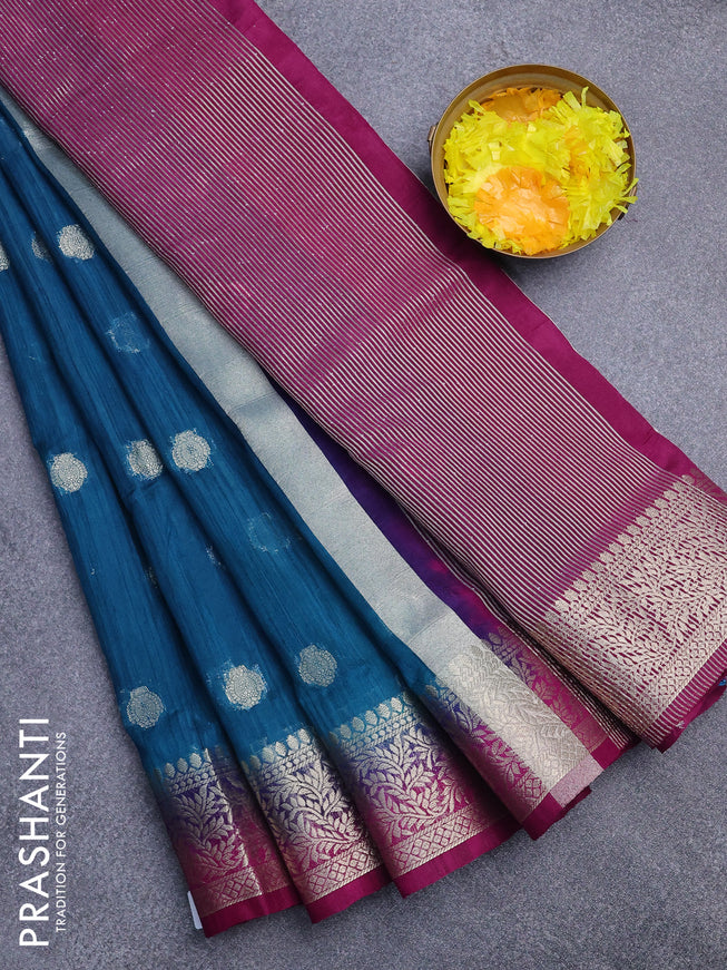 Banarasi semi matka saree peacock blue and purple with zari woven buttas and zari woven border