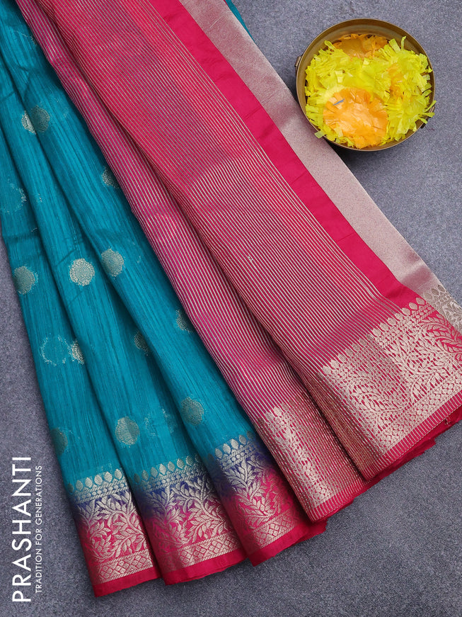 Banarasi semi matka saree teal green and pink with zari woven buttas and zari woven border