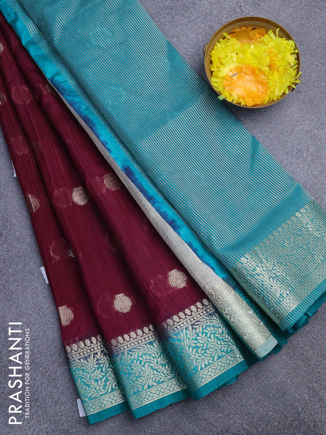 Banarasi semi matka saree darm magenta pink and teal green with zari woven buttas and zari woven border