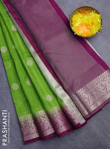 Banarasi semi matka saree light green and purple with zari woven buttas and zari woven border