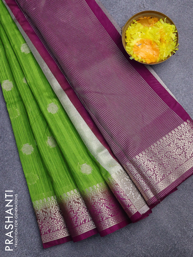 Banarasi semi matka saree light green and purple with zari woven buttas and zari woven border