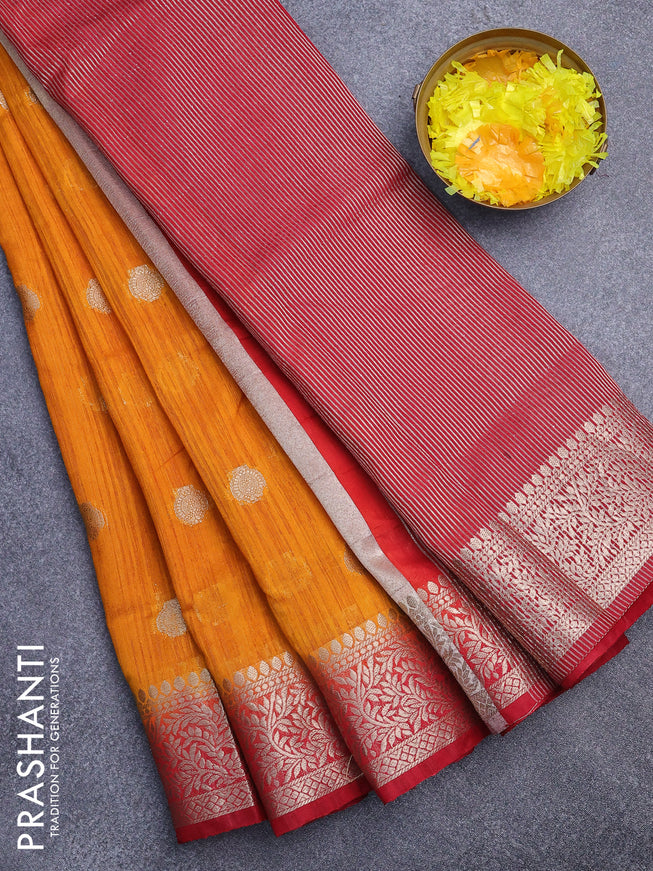 Banarasi semi matka saree mango yellow and red with zari woven buttas and zari woven border