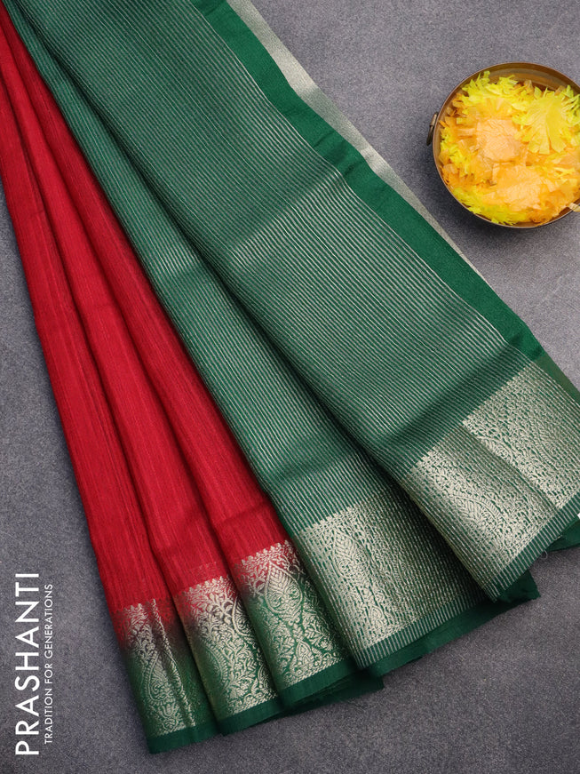 Banarasi semi matka saree red and green with plain body and zari woven border