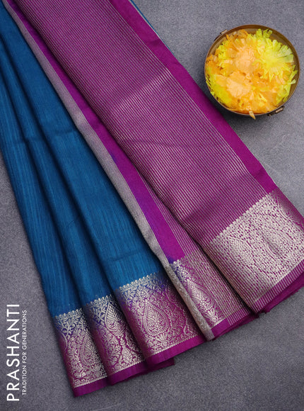 Banarasi semi matka saree peacock blue and purple with plain body and zari woven border