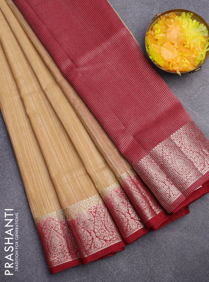 Banarasi semi matka saree sandal and maroon with plain body and zari woven border