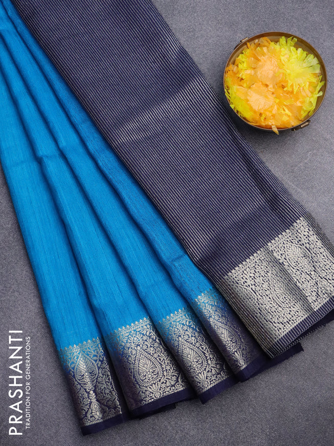 Banarasi semi matka saree cs blue and navy blue with plain body and zari woven border