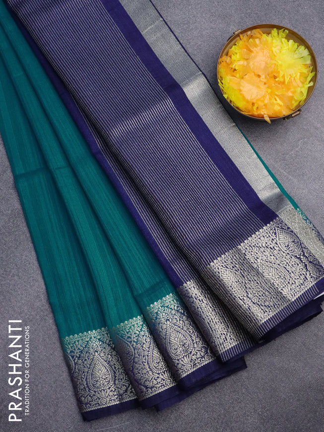 Banarasi semi matka saree teal blue and dark blue with plain body and zari woven border