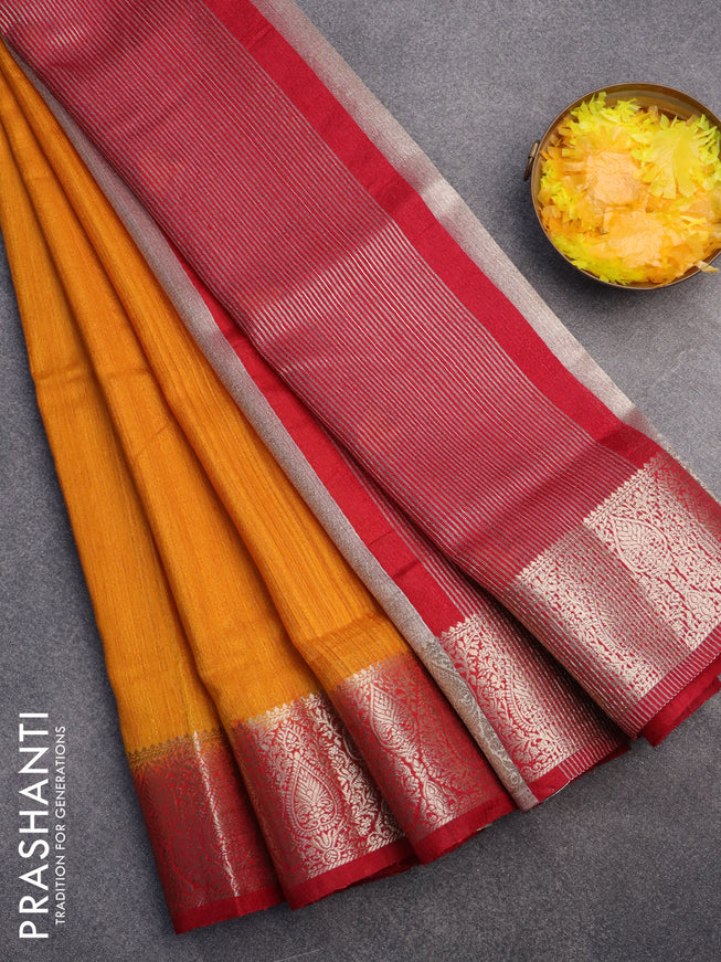 Banarasi semi matka saree mango yellow and red with plain body and zari woven border