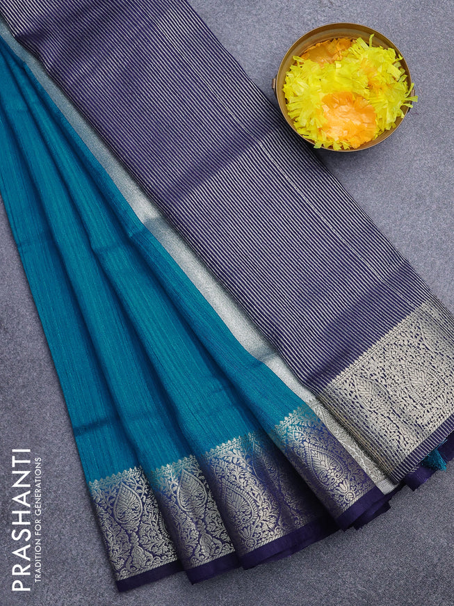 Banarasi semi matka saree light blue and dark blue with plain body and zari woven border