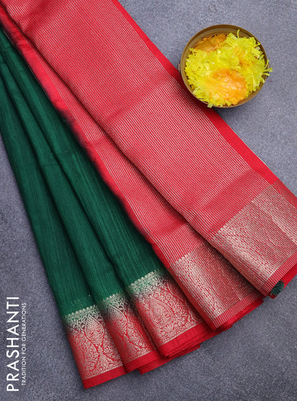 Banarasi semi matka saree green and red with plain body and zari woven border