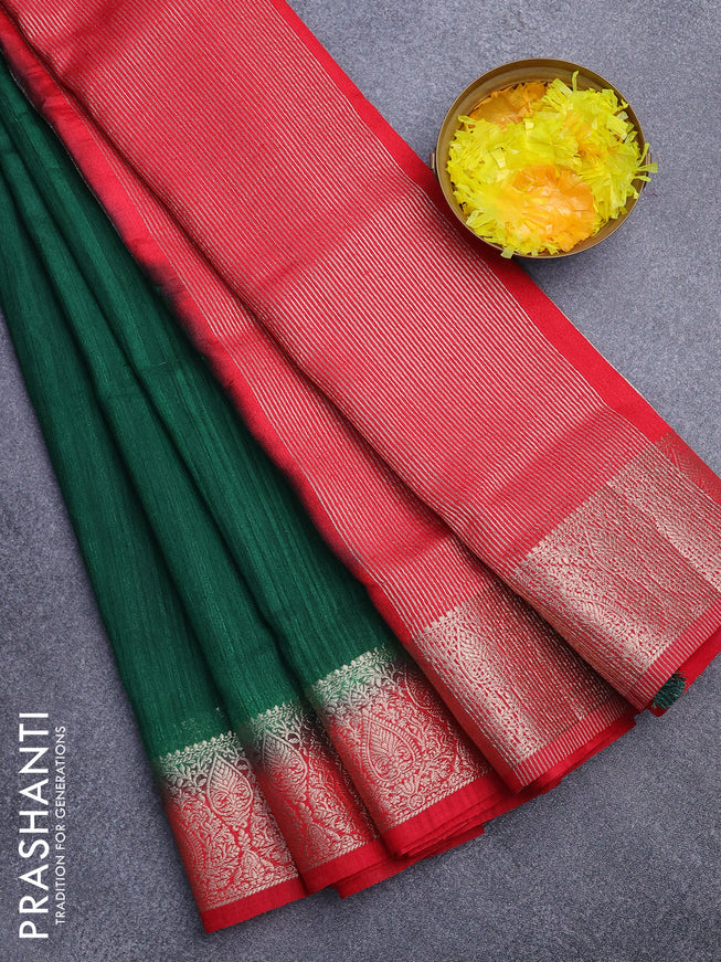 Banarasi semi matka saree green and red with plain body and zari woven border