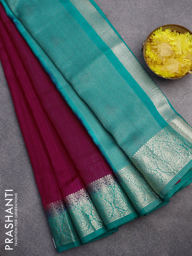 Banarasi semi matka saree pink and teal green with plain body and zari woven border