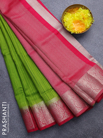 Banarasi semi matka saree light green and pink with plain body and zari woven border