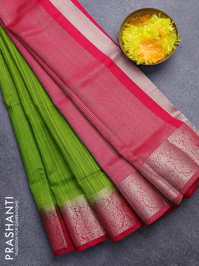 Banarasi semi matka saree light green and pink with plain body and zari woven border