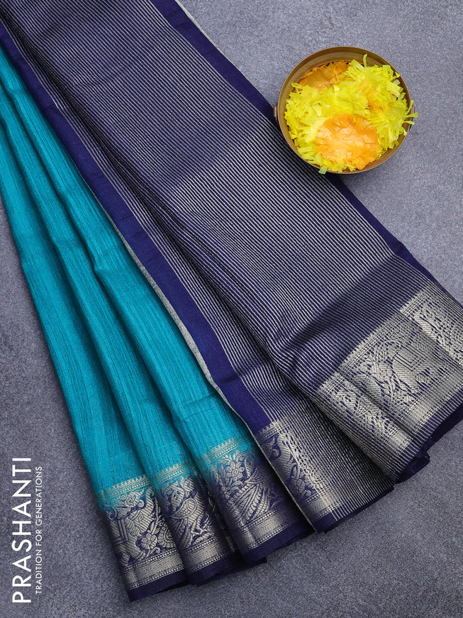 Banarasi semi matka saree teal blue and blue with plain body and zari woven border