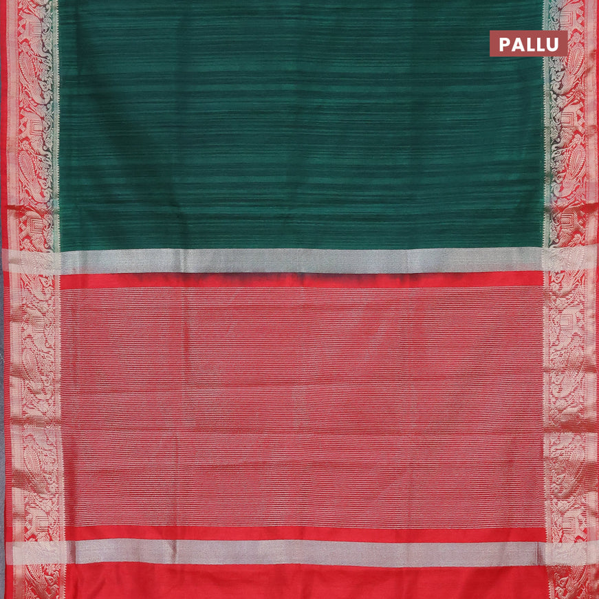 Banarasi semi matka saree green and red with plain body and zari woven border