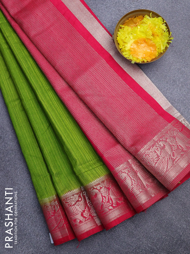 Banarasi semi matka saree light green and pink with plain body and zari woven border