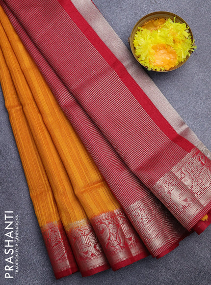 Banarasi semi matka saree mango yellow and red with plain body and zari woven border