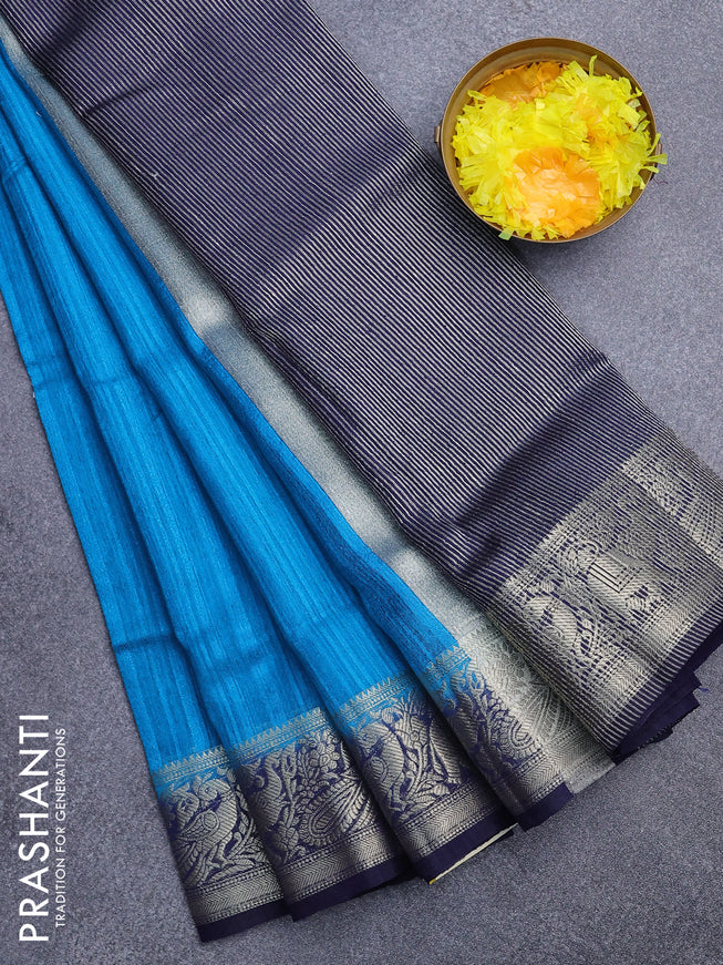 Banarasi semi matka saree cs blue and dark blue with plain body and zari woven border