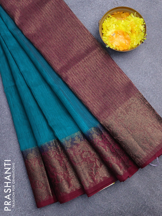 Banarasi semi matka saree teal blue and dark magenta pink with plain body and antique zari border