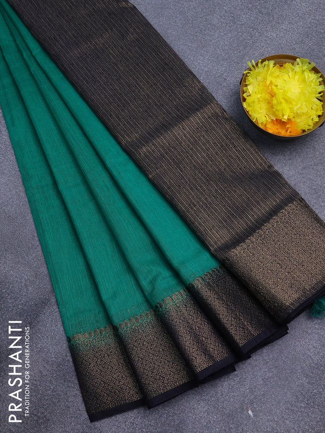 Banarasi semi matka saree green and dark blue with plain body and antique zari border