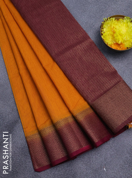 Banarasi semi matka saree mango yellow and dark magenta pink with plain body and antique zari border