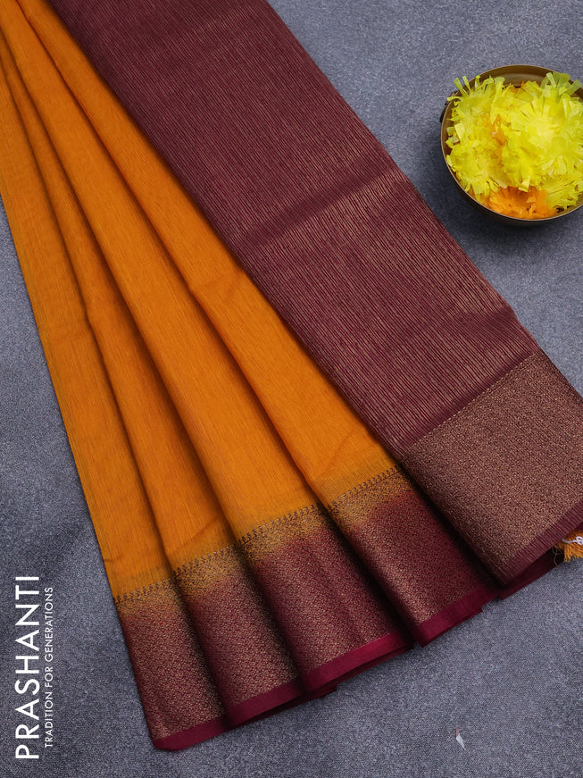 Banarasi semi matka saree mango yellow and dark magenta pink with plain body and antique zari border