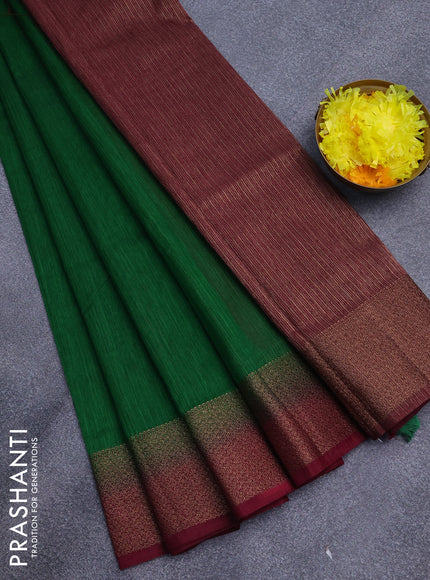 Banarasi semi matka saree green and dark magenta pink with plain body and antique zari border