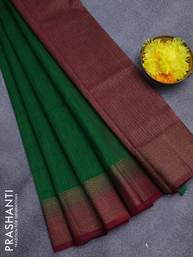 Banarasi semi matka saree green and dark magenta pink with plain body and antique zari border