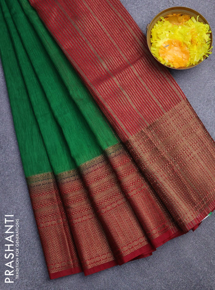 Banarasi semi matka saree green and red with plain body and long antique zari border