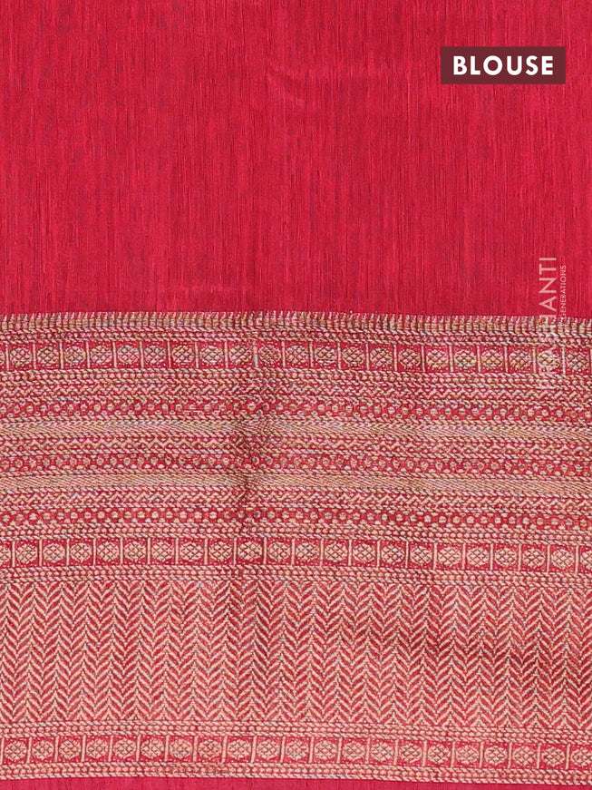 Banarasi semi matka saree green and red with plain body and long antique zari border