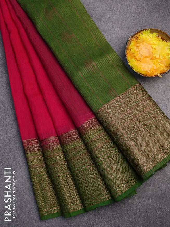 Banarasi semi matka saree pink and mehendi green with plain body and long antique zari border