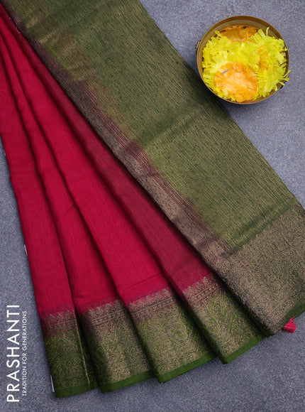 Banarasi semi matka saree dark pink and mehendi green with plain body and antique zari border