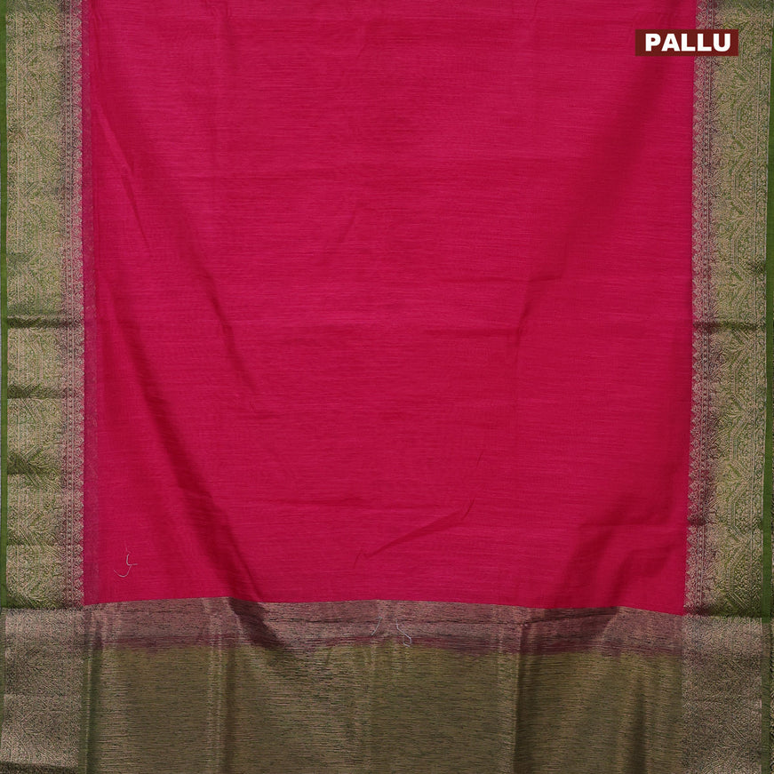 Banarasi semi matka saree dark pink and mehendi green with plain body and antique zari border