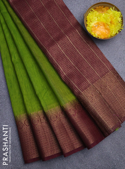 Banarasi semi matka saree mehendi green and wine shade with plain body and antique zari border