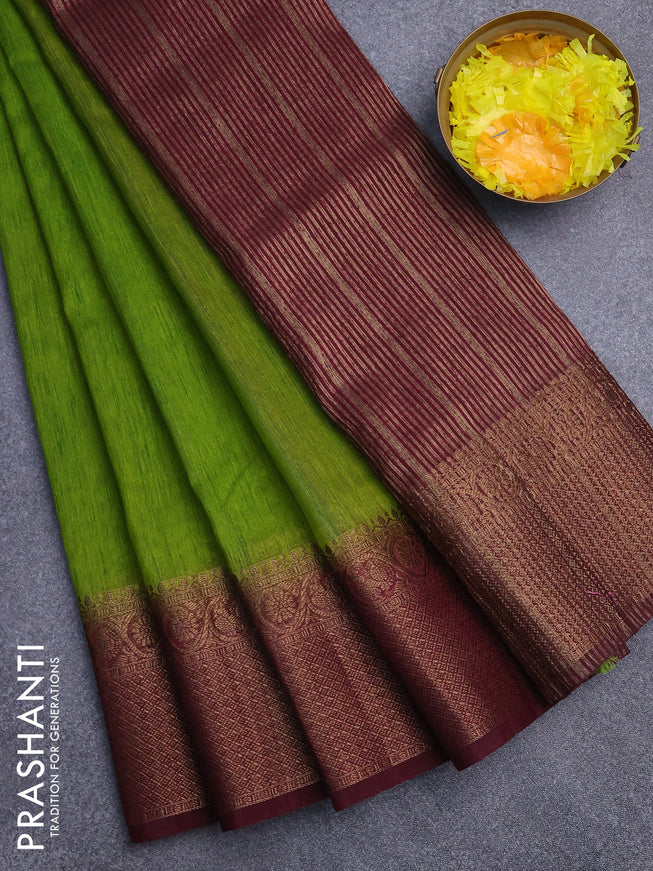 Banarasi semi matka saree mehendi green and wine shade with plain body and antique zari border