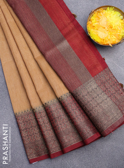 Banarasi semi matka saree sandal and maroon with plain body and antique zari border