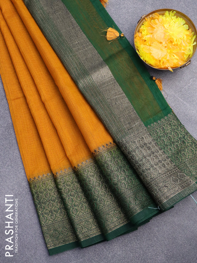 Banarasi semi matka saree mango yellow and green with plain body and antique zari border