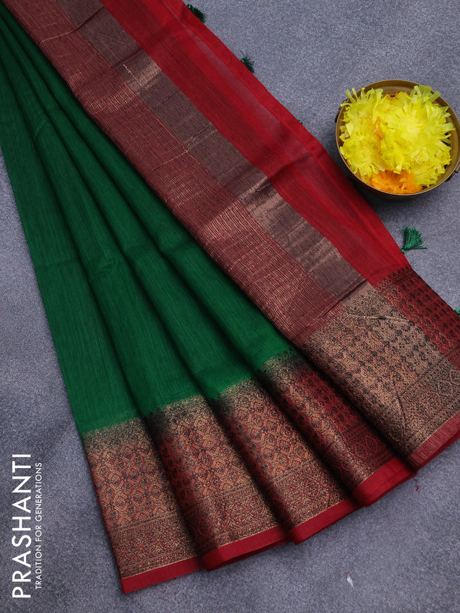 Banarasi semi matka saree green and red with plain body and antique zari border