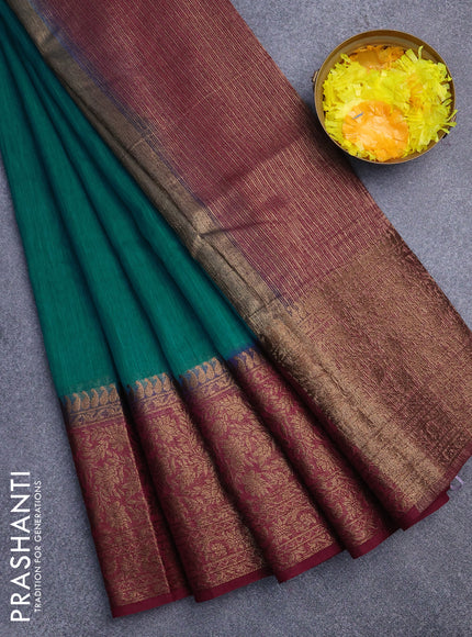 Banarasi semi matka saree teal shade and dark magenta pink with plain body and long antique zari border