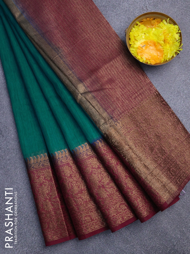 Banarasi semi matka saree teal shade and dark magenta pink with plain body and long antique zari border