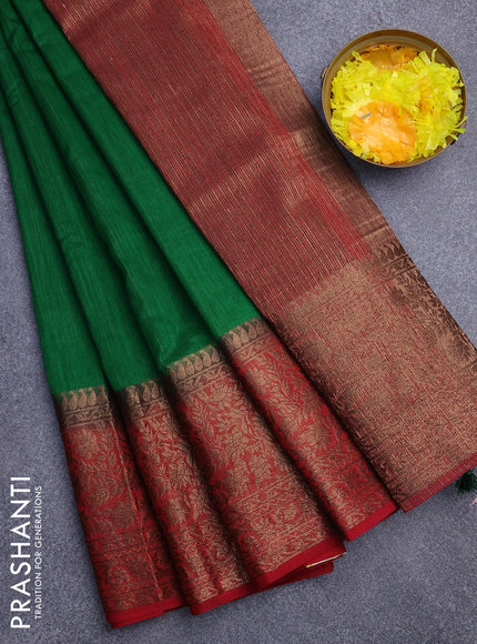 Banarasi semi matka saree green and red with plain body and long antique zari border