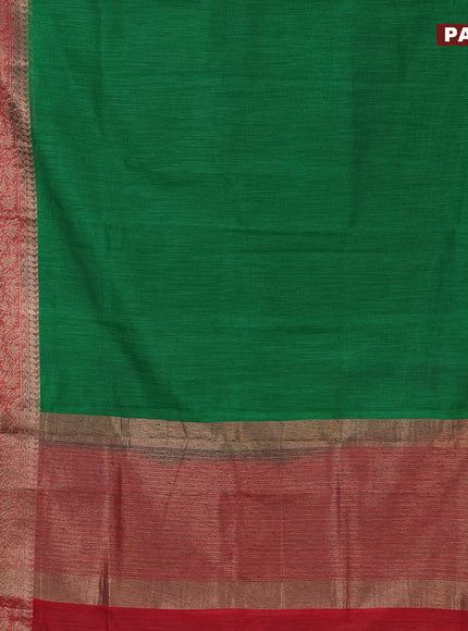 Banarasi semi matka saree green and red with plain body and long antique zari border