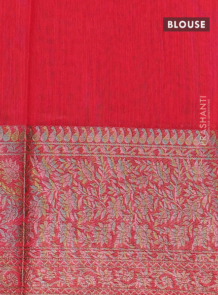 Banarasi semi matka saree green and red with plain body and long antique zari border