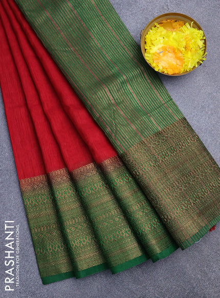 Banarasi semi matka saree red and green with plain body and long antique zari border