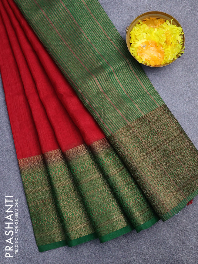 Banarasi semi matka saree red and green with plain body and long antique zari border