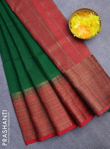 Banarasi semi matka saree green and red with plain body and long antique zari border