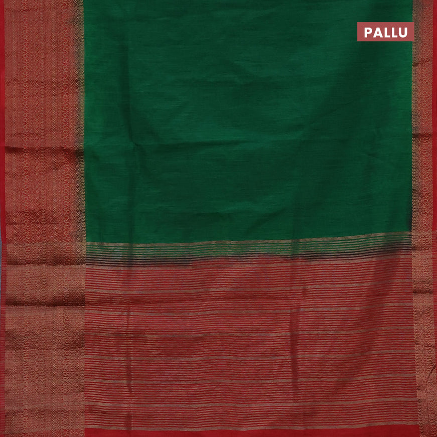 Banarasi semi matka saree green and red with plain body and long antique zari border