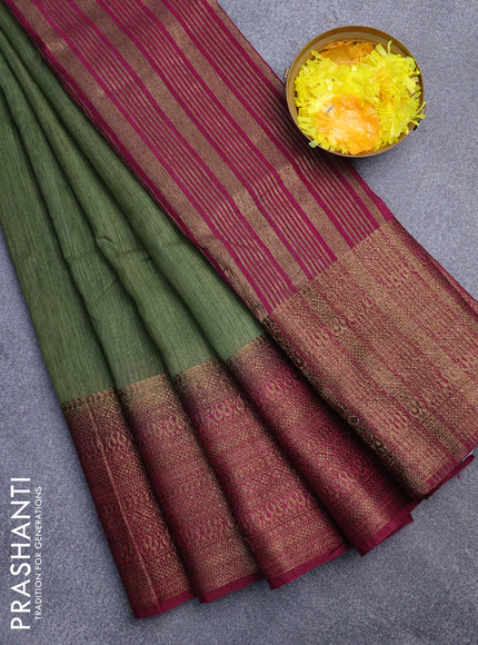 Banarasi semi matka saree green shade and magenta pink with plain body and long antique zari border