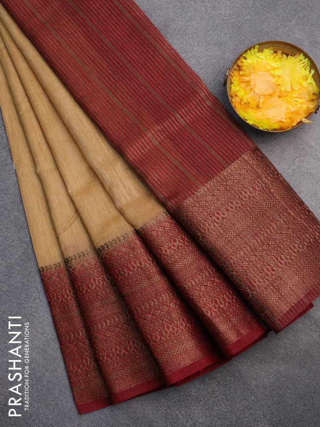 Banarasi semi matka saree sandal and maroon with plain body and long antique zari border